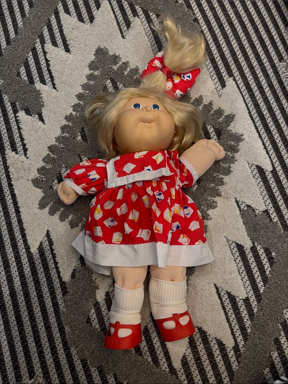 Vintage Cabbage Patch Kids Red Patterned Dress Plush-Body Doll with Blonde Hair